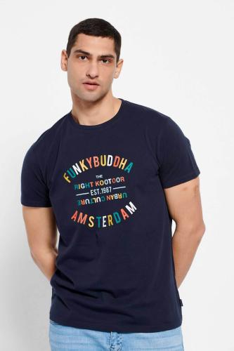 Funky Buddha ανδρικό βαμβακερό T-shirt μονόχρωμο με πολύχρωμο lettering μπροστά - FBM007-035-04 Σκούρο Μπλε